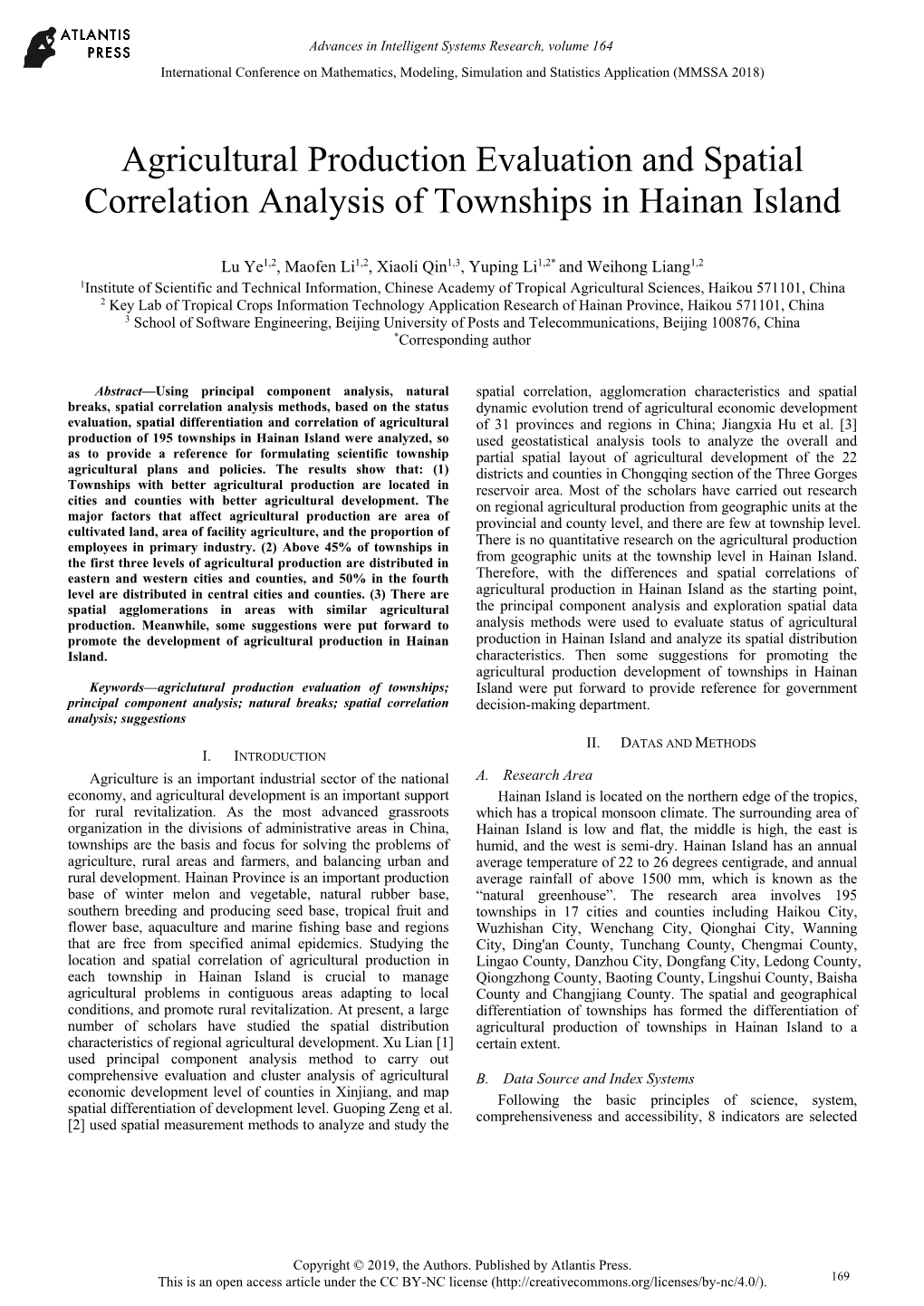 Agricultural Production Evaluation and Spatial Correlation Analysis of Townships in Hainan Island