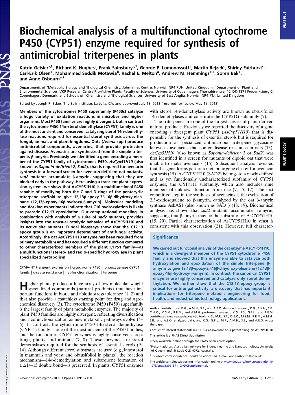 CYP51) Enzyme Required for Synthesis of Antimicrobial Triterpenes in Plants