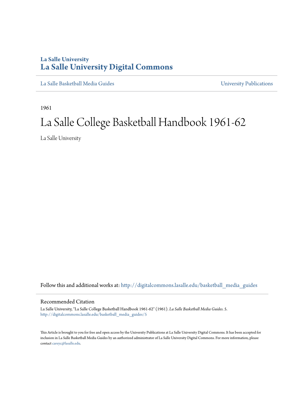 La Salle College Basketball Handbook 1961-62 La Salle University