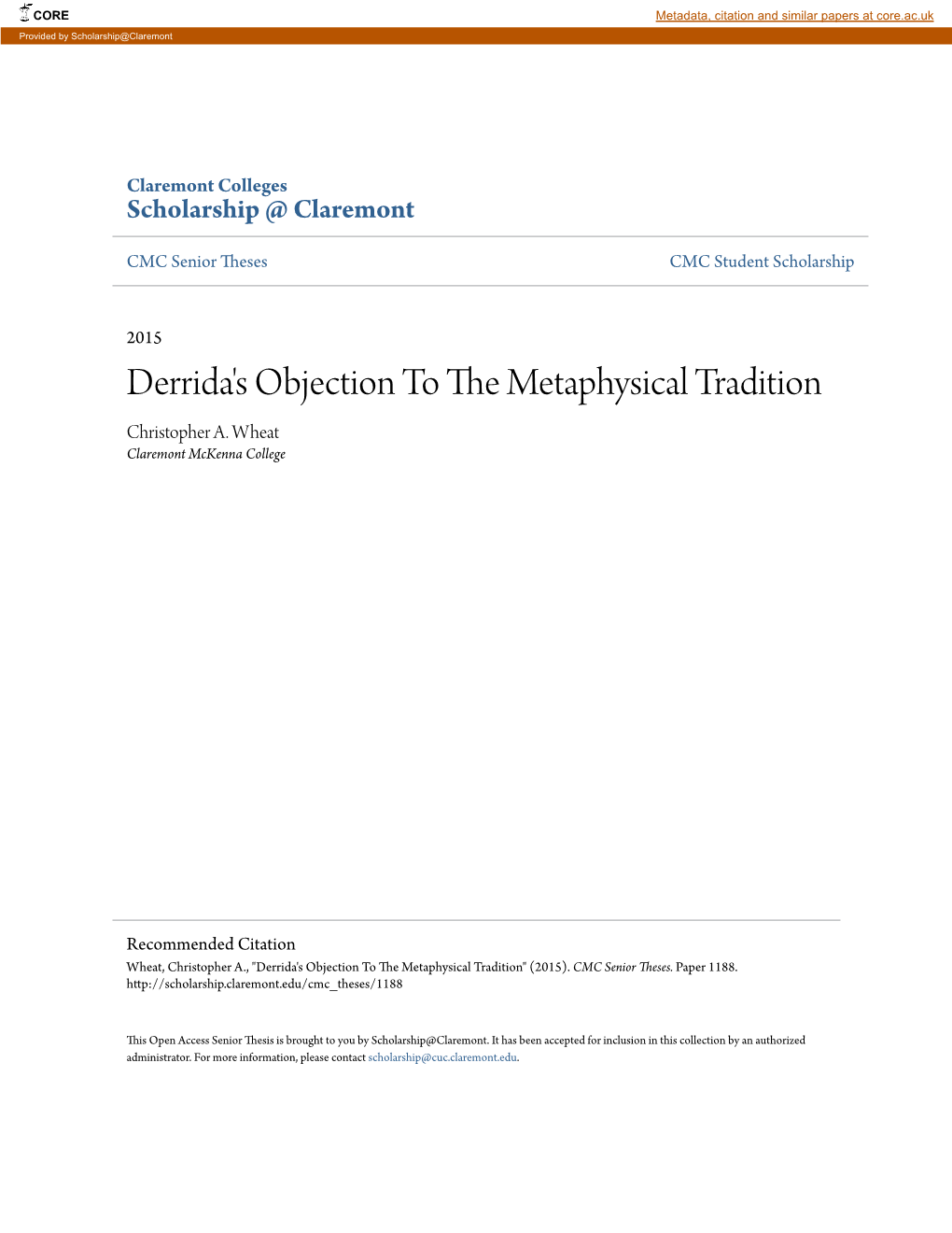 Derrida's Objection to the Metaphysical Tradition