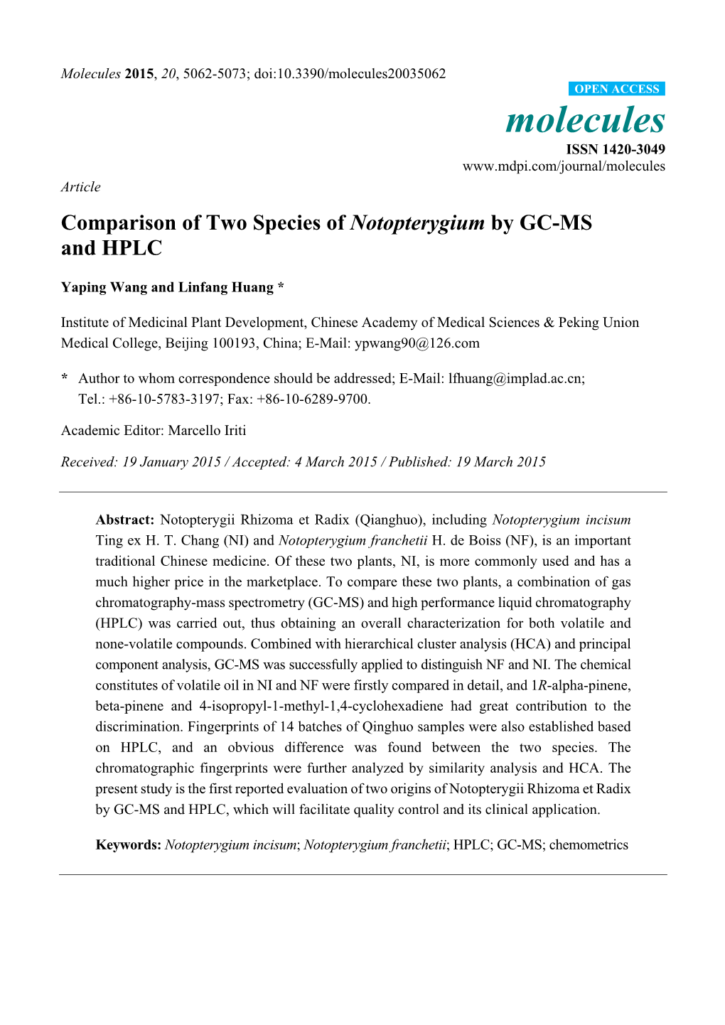 Comparison of Two Species of Notopterygium by GC-MS and HPLC