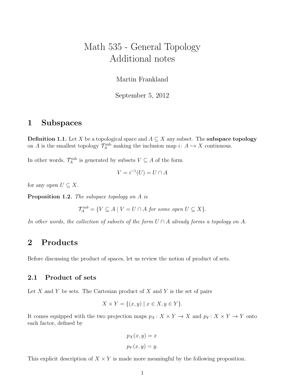 Math 535 - General Topology Additional Notes