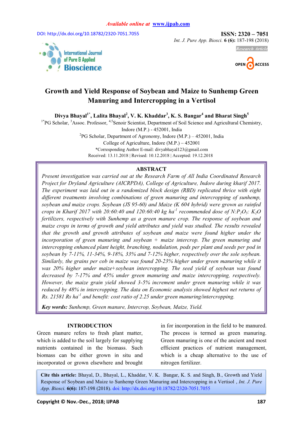 Growth and Yield Response of Soybean and Maize to Sunhemp Green Manuring and Intercropping in a Vertisol