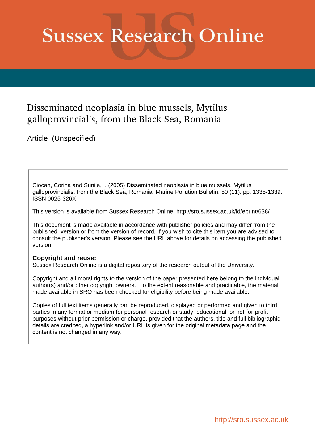 Disseminated Neoplasia in Blue Mussels, Mytilus Galloprovincialis, from the Black Sea, Romania