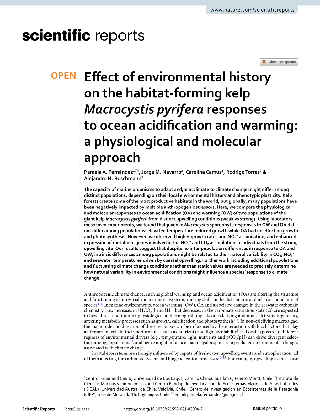 Effect of Environmental History on the Habitat-Forming Kelp Macrocystis