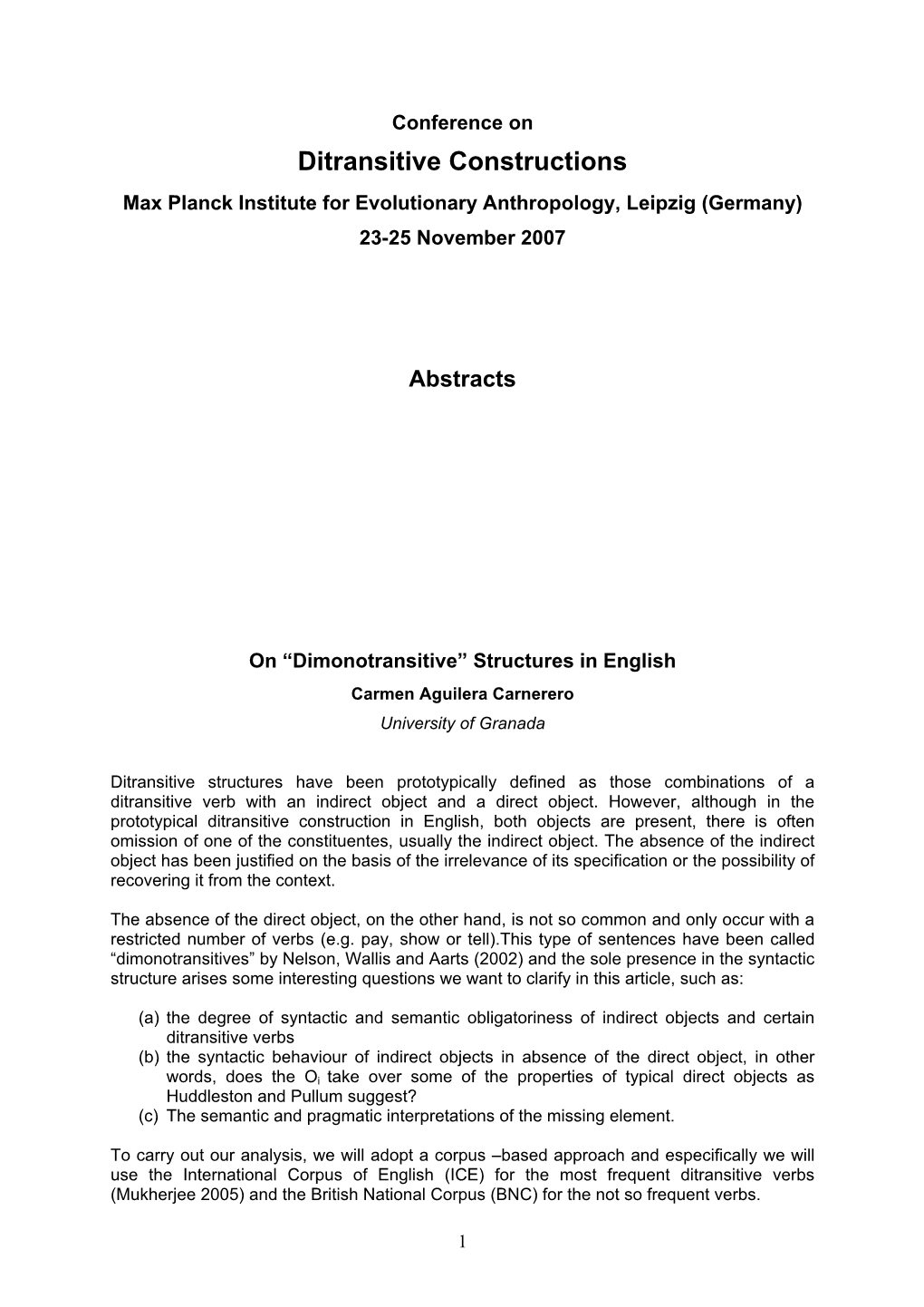 Ditransitive Constructions Max Planck Institute for Evolutionary Anthropology, Leipzig (Germany) 23-25 November 2007