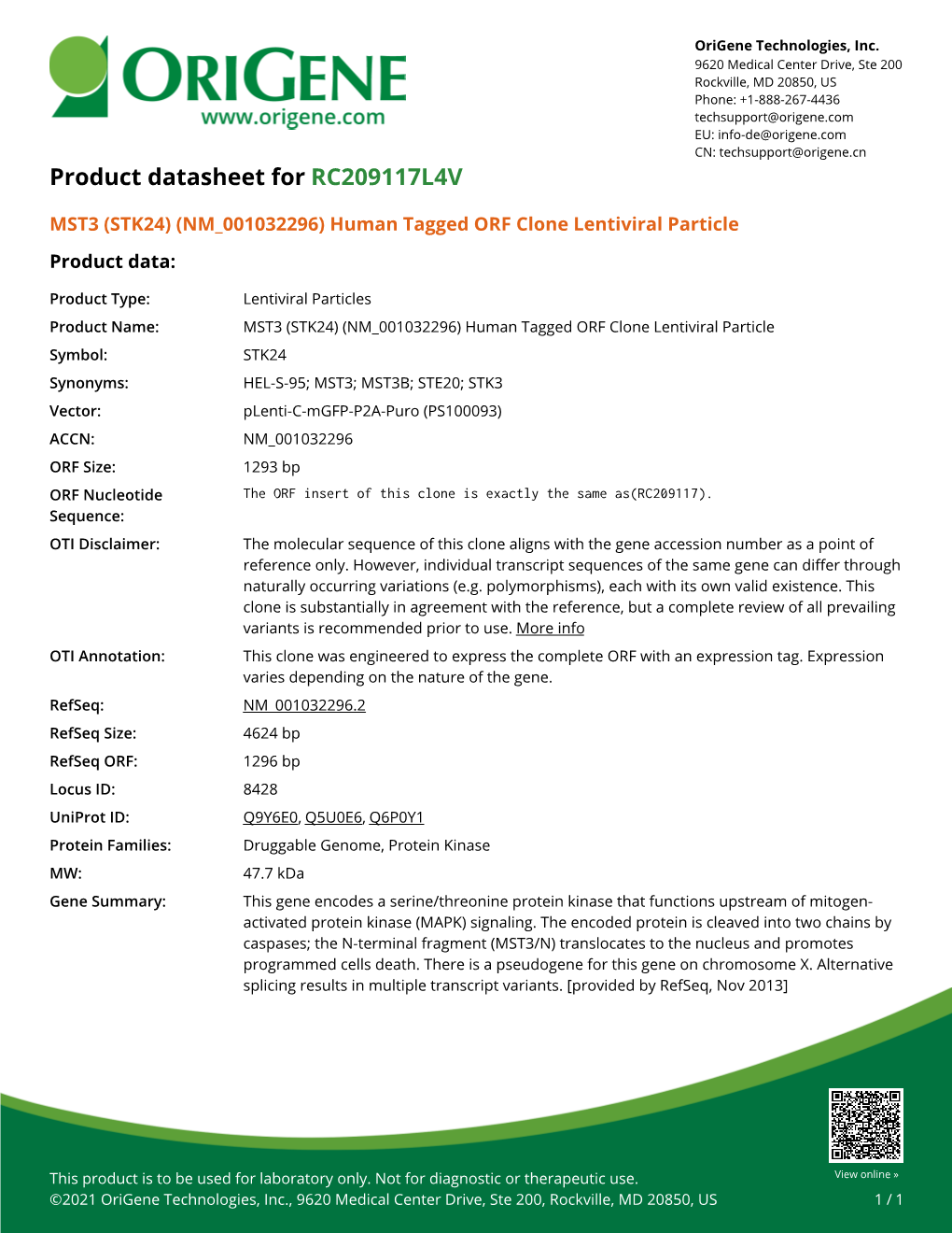 MST3 (STK24) (NM 001032296) Human Tagged ORF Clone Lentiviral Particle Product Data