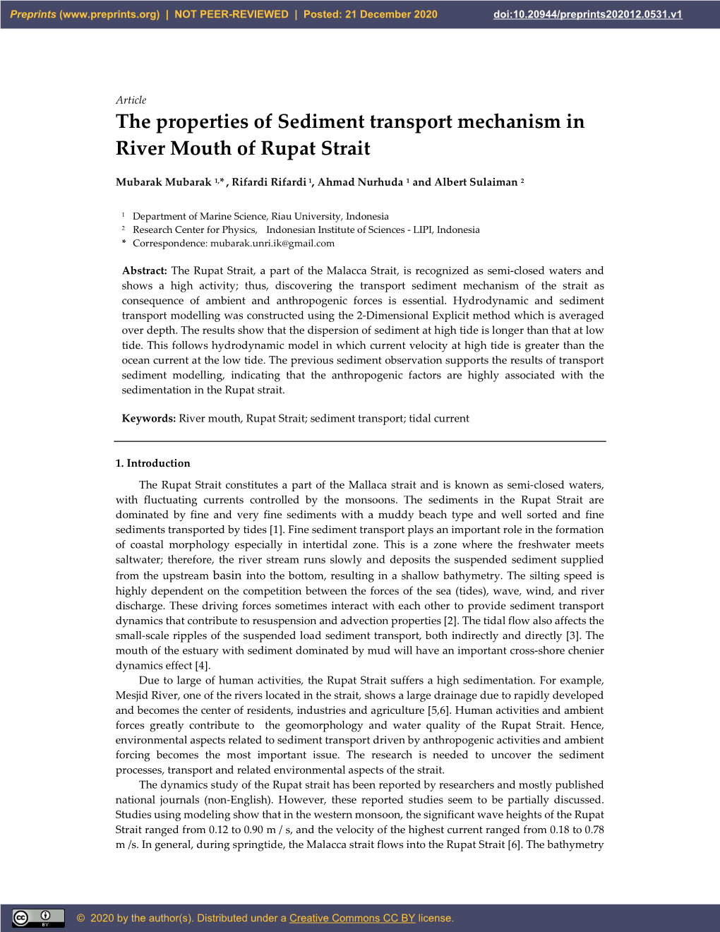 The Properties of Sediment Transport Mechanism in River Mouth of Rupat Strait