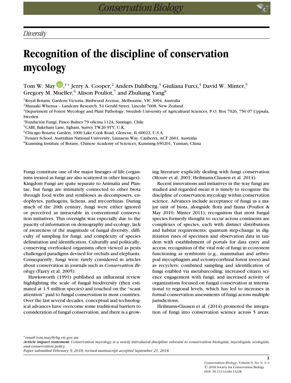 Diversity Recognition of the Discipline of Conservation Mycology