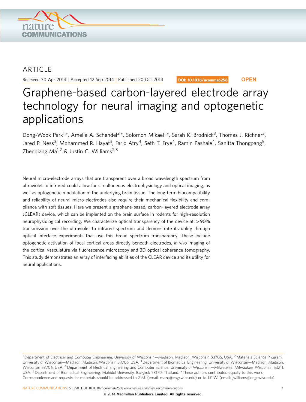 Graphene-Based Carbon-Layered Electrode Array Technology for Neural Imaging and Optogenetic Applications
