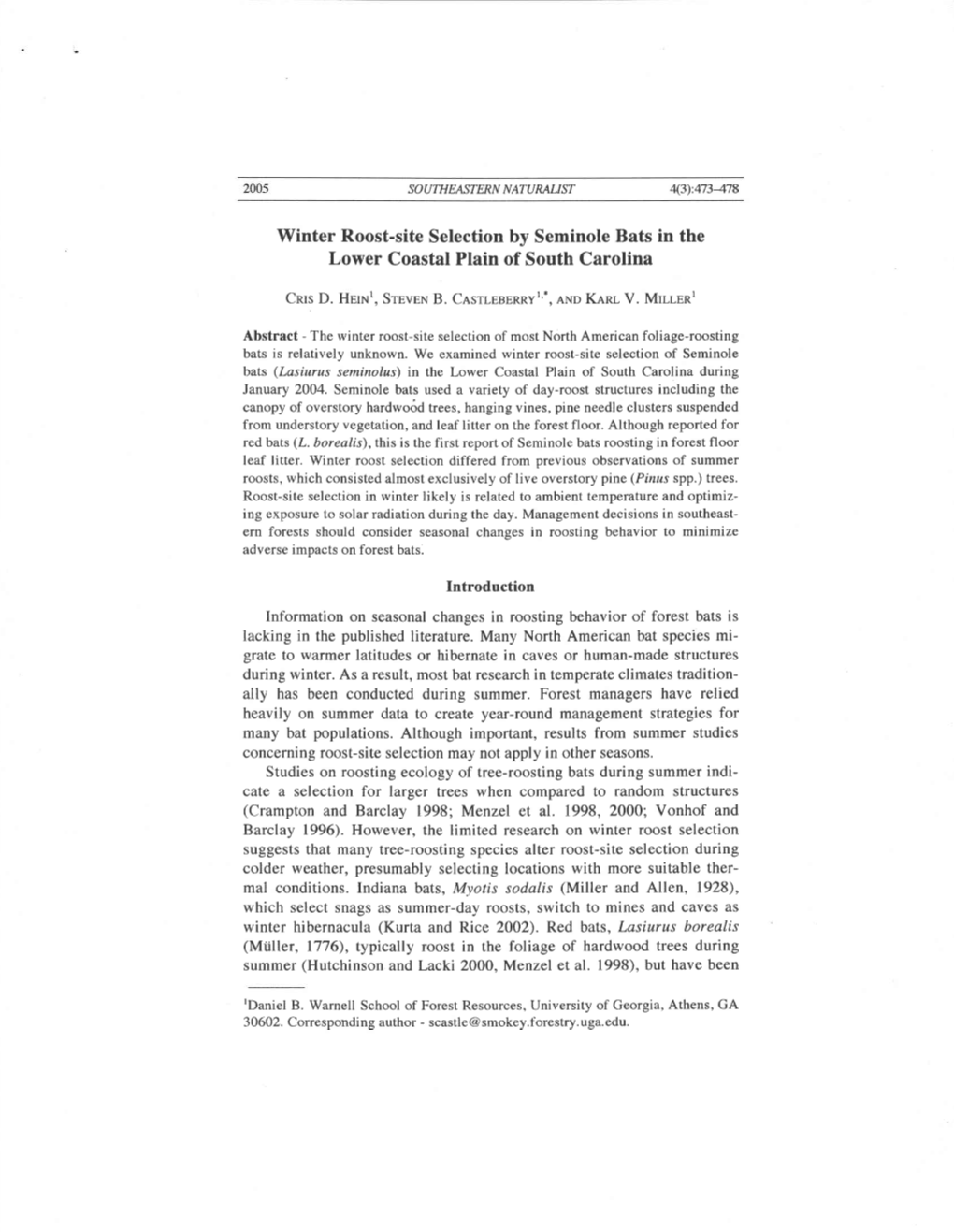 Winter Roost-Site Selection by Seminole Bats in the Lower Coastal Plain of South Carolina