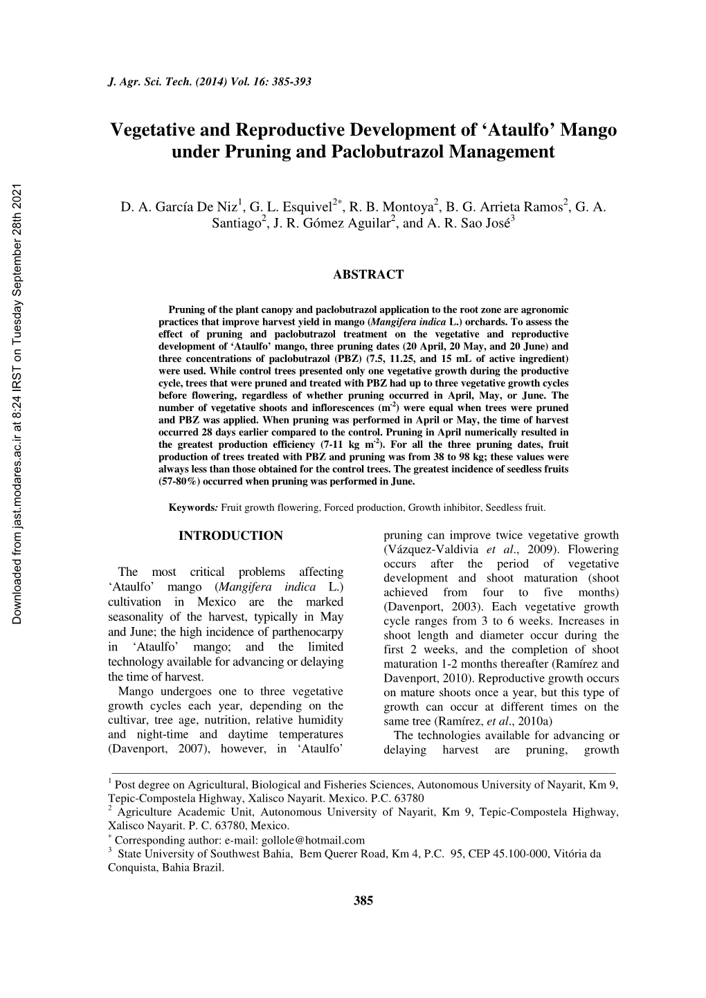 Ataulfo’ Mango Under Pruning and Paclobutrazol Management