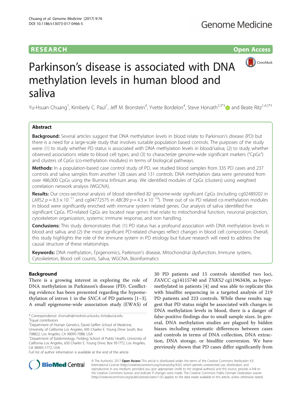 Parkinson's Disease Is Associated with DNA Methylation Levels in Human