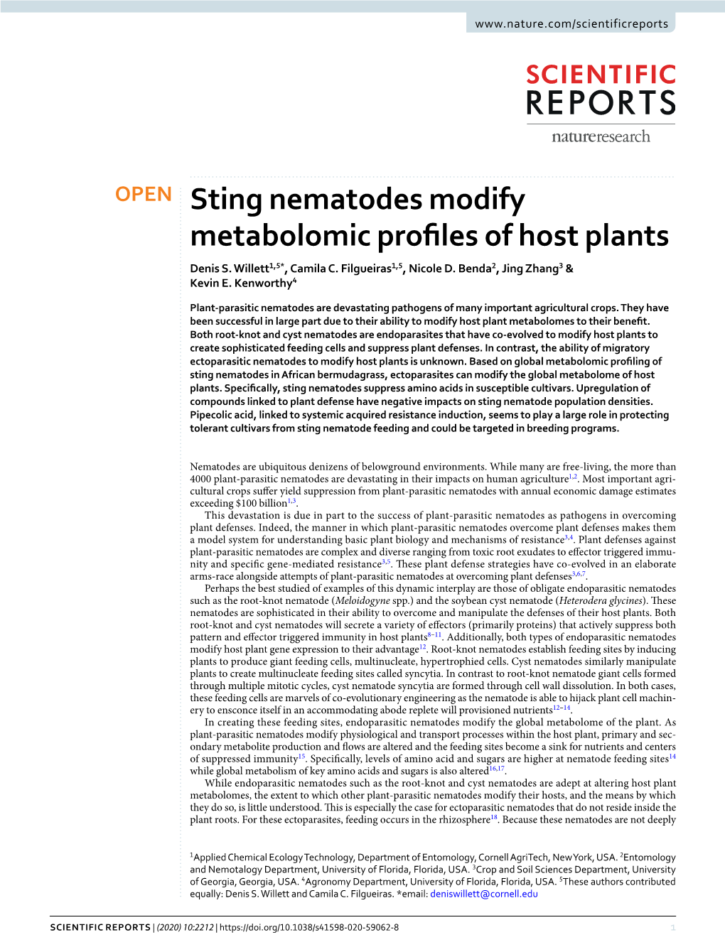 Sting Nematodes Modify Metabolomic Profiles of Host Plants