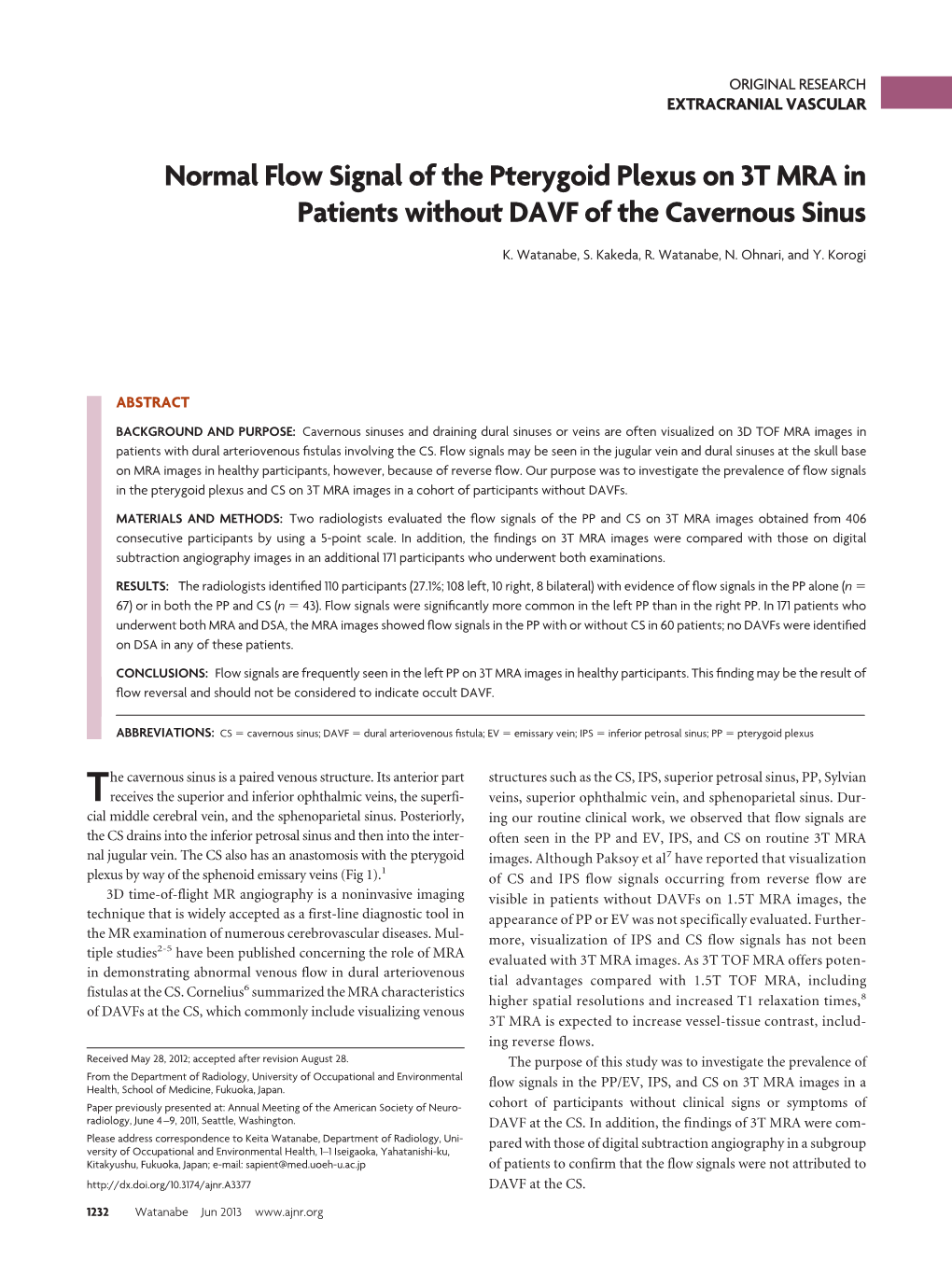 Normal Flow Signal of the Pterygoid Plexus on 3T MRA in Patients Without DAVF of the Cavernous Sinus