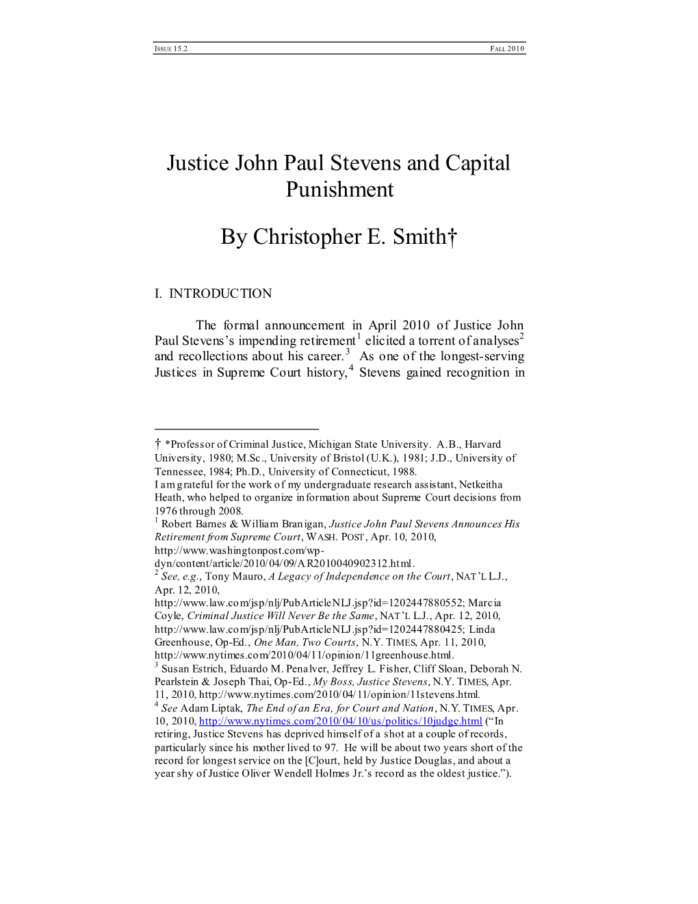 Justice John Paul Stevens and Capital Punishment by Christopher E. Smith