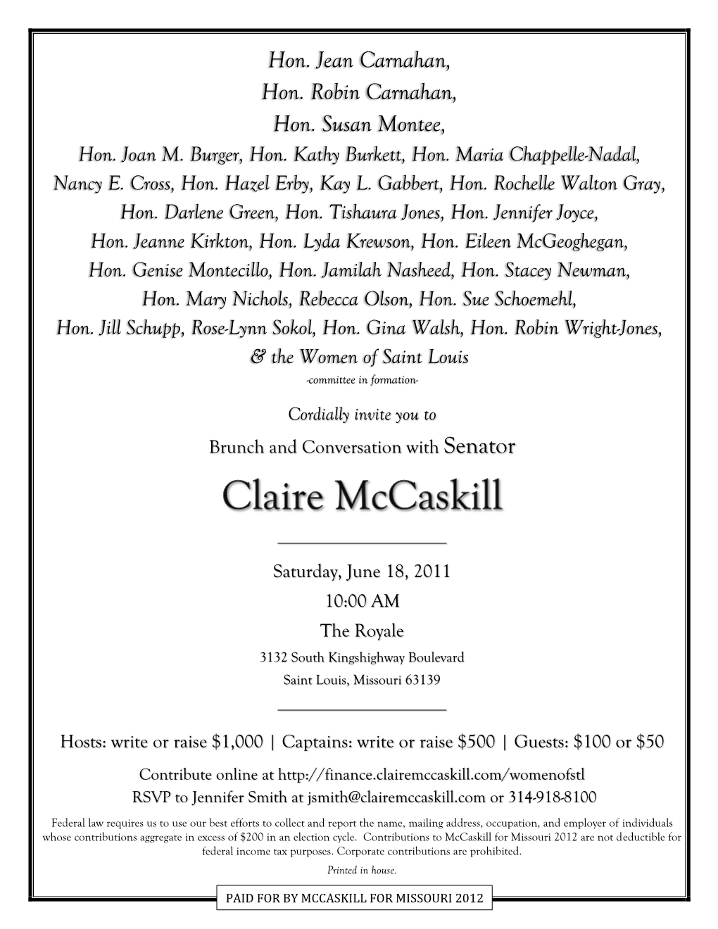 June 18Th Women's Brunch and Conversation with Claire Mccaskill