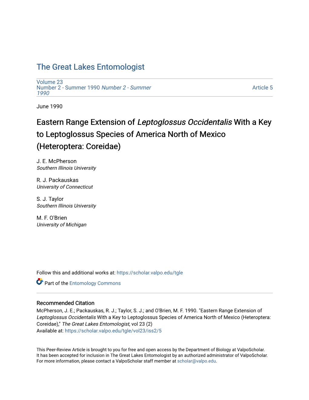 Eastern Range Extension of Leptoglossus Occidentalis with a Key to Leptoglossus Species of America North of Mexico (Heteroptera: Coreidae)