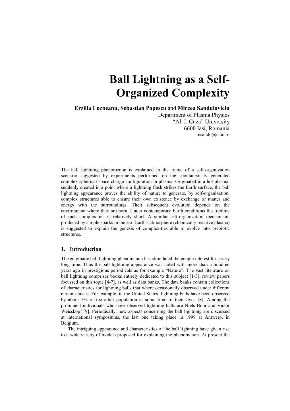 Ball Lightning As a Self- Organized Complexity