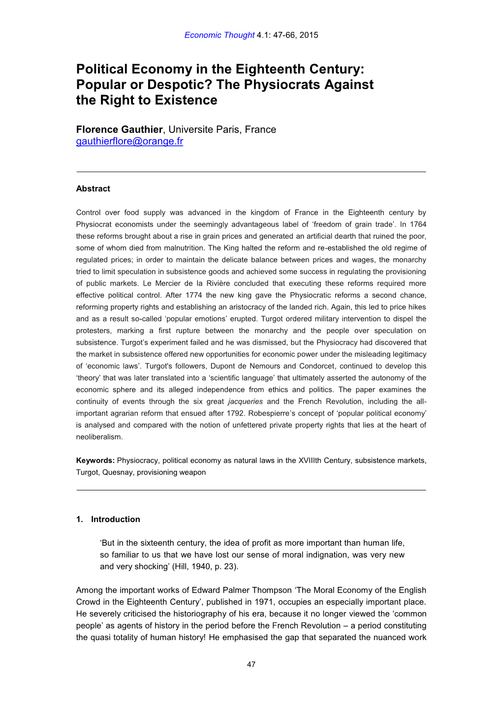 Political Economy in the Eighteenth Century: Popular Or Despotic? the Physiocrats Against the Right to Existence