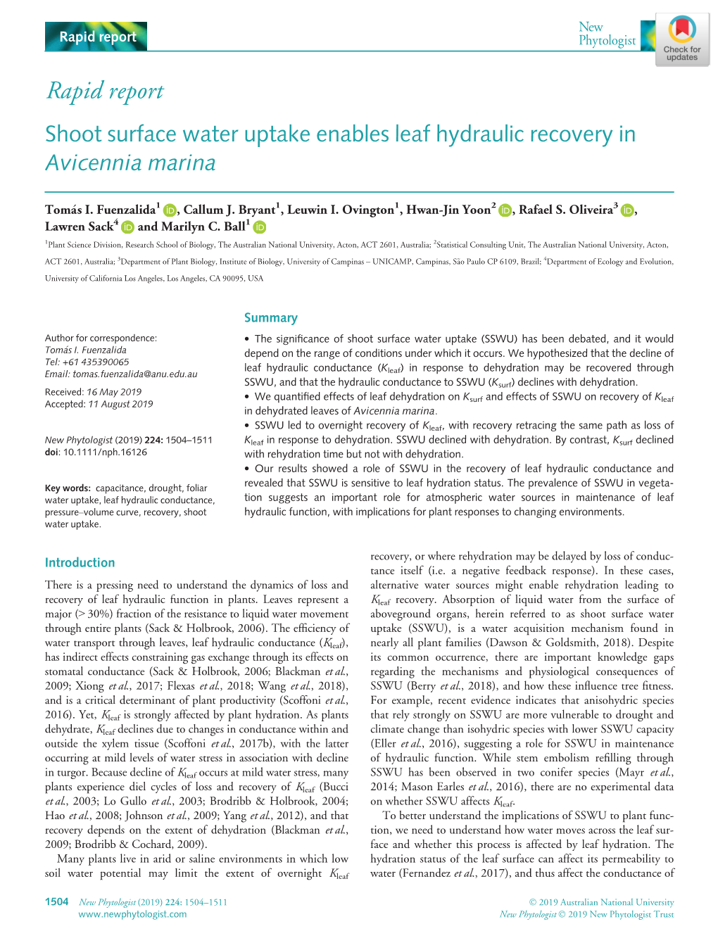 Shoot Surface Water Uptake Enables Leaf Hydraulic Recovery in Avicennia Marina