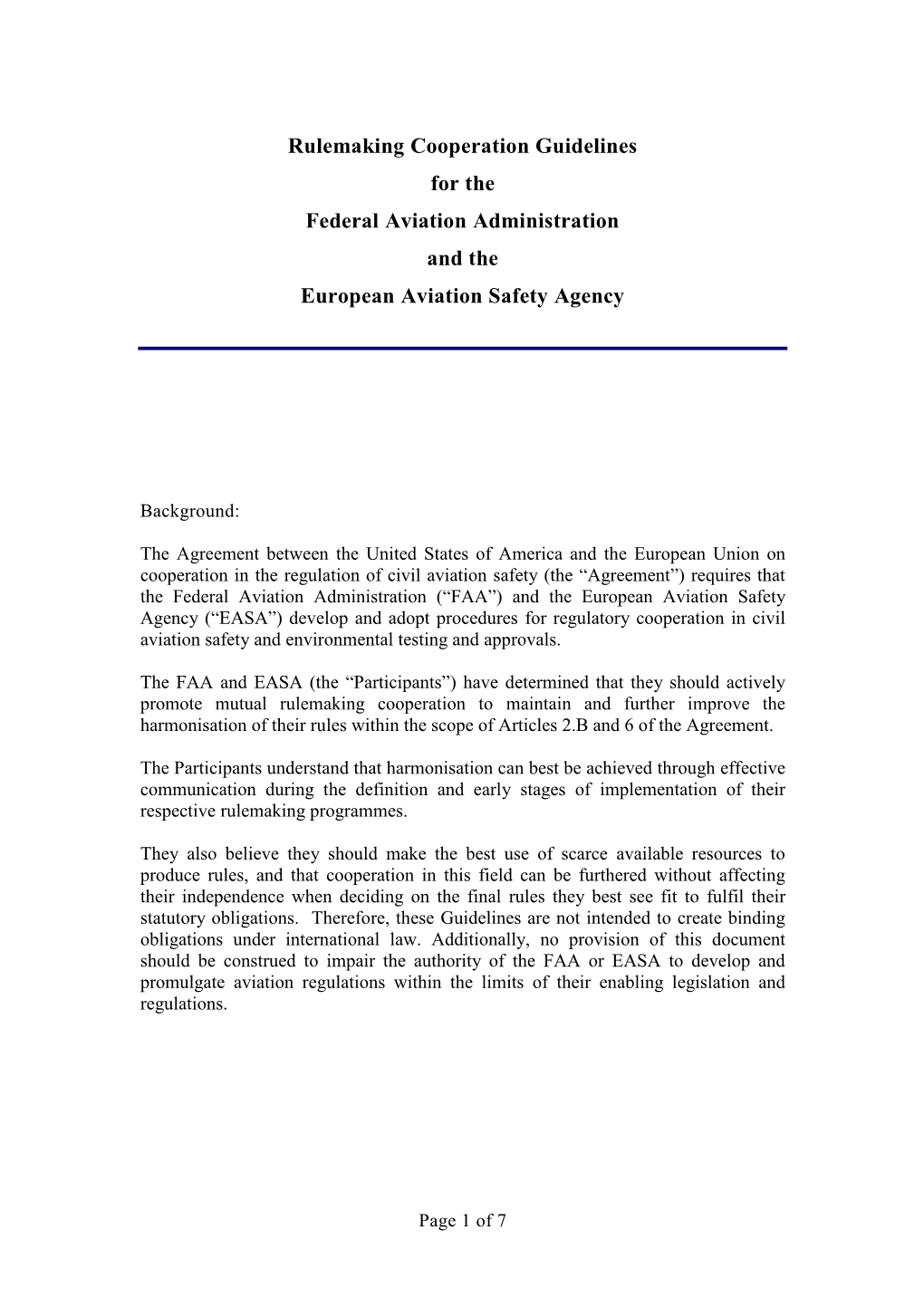 Rulemaking Cooperation Guidelines for the FAA and the EASA