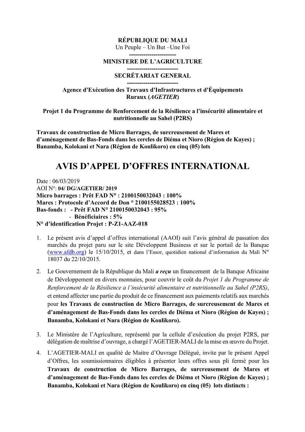 Avis D'appel D'offres International