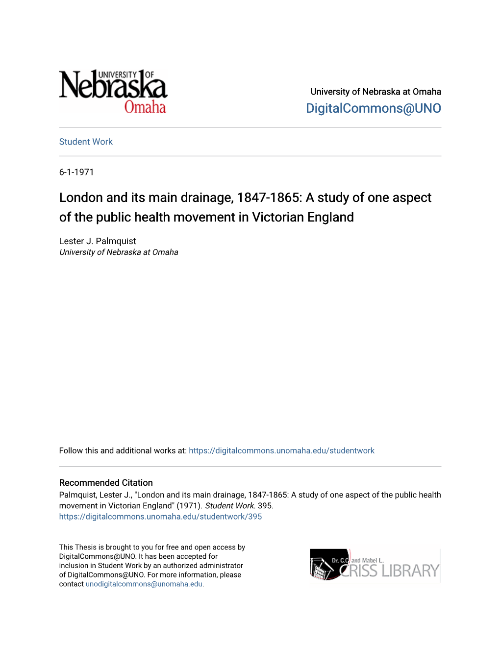 London and Its Main Drainage, 1847-1865: a Study of One Aspect of the Public Health Movement in Victorian England