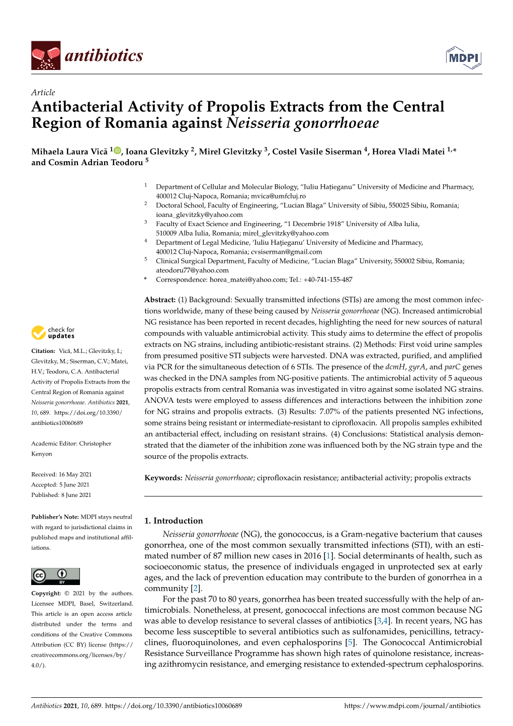 Antibacterial Activity of Propolis Extracts from the Central Region of Romania Against Neisseria Gonorrhoeae