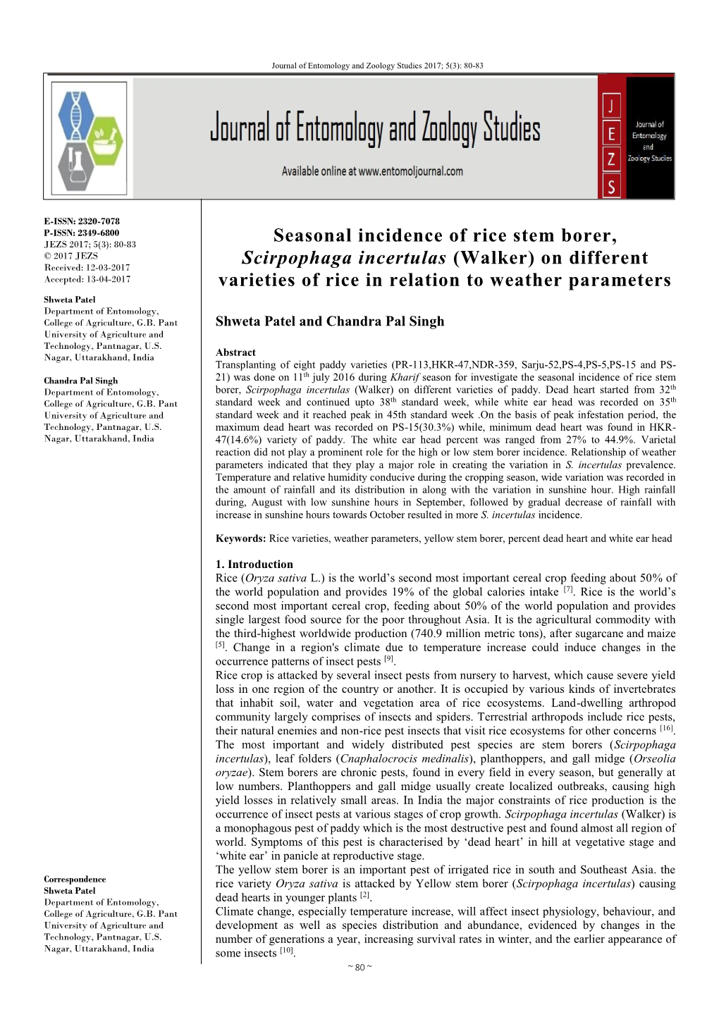 Seasonal Incidence of Rice Stem Borer, Scirpophaga Incertulas