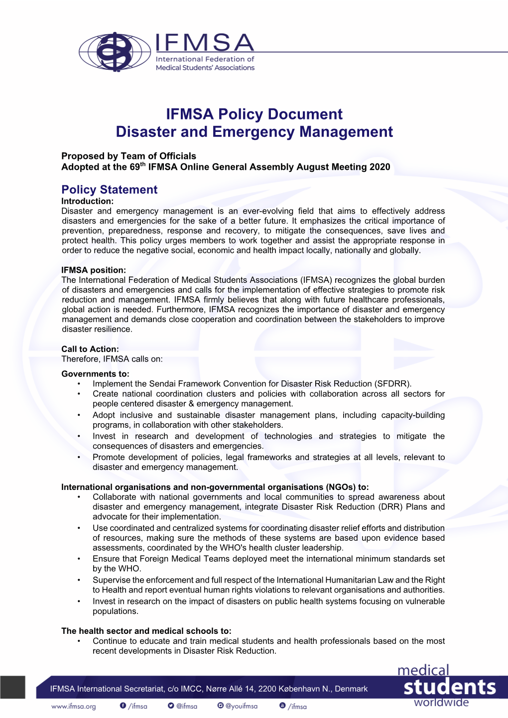 IFMSA Policy Document Disaster and Emergency Management