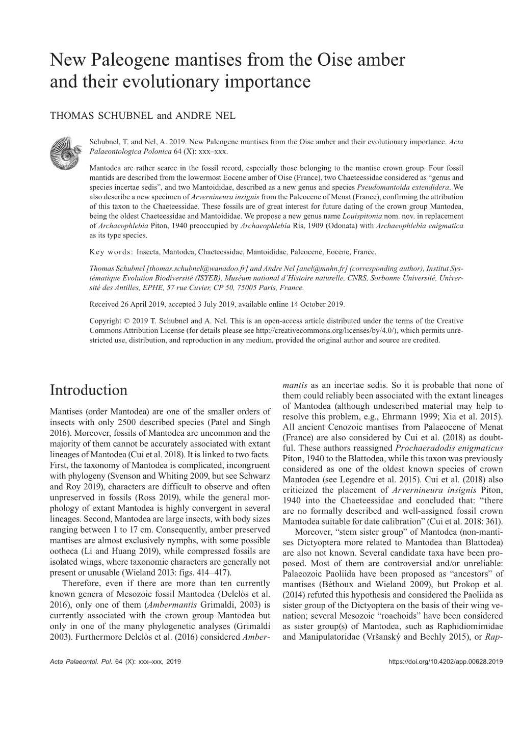 New Paleogene Mantises from the Oise Amber and Their Evolutionary Importance