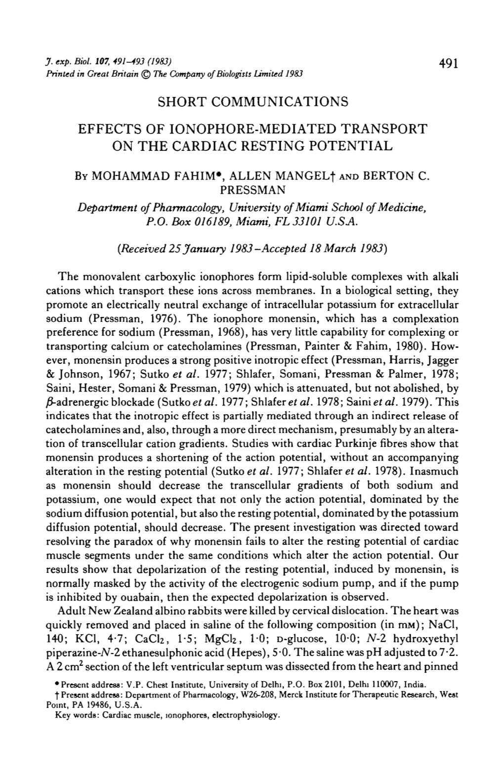 Short Communications Effects of Ionophore-Mediated Transport on the Cardiac Resting Potential