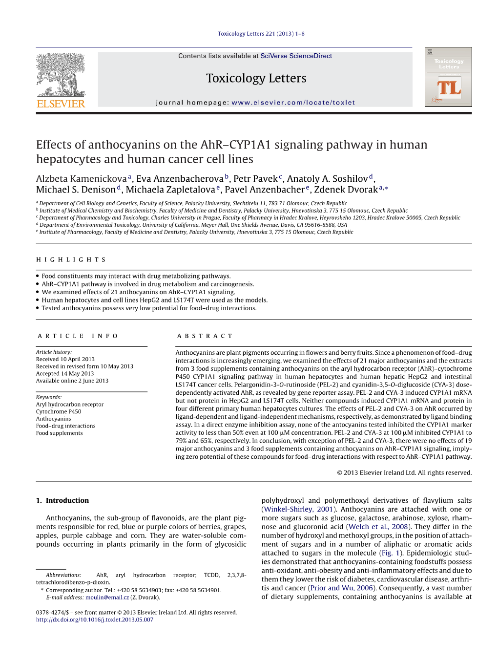 Effects of Anthocyanins on the Ahr–CYP1A1 Signaling Pathway in Human