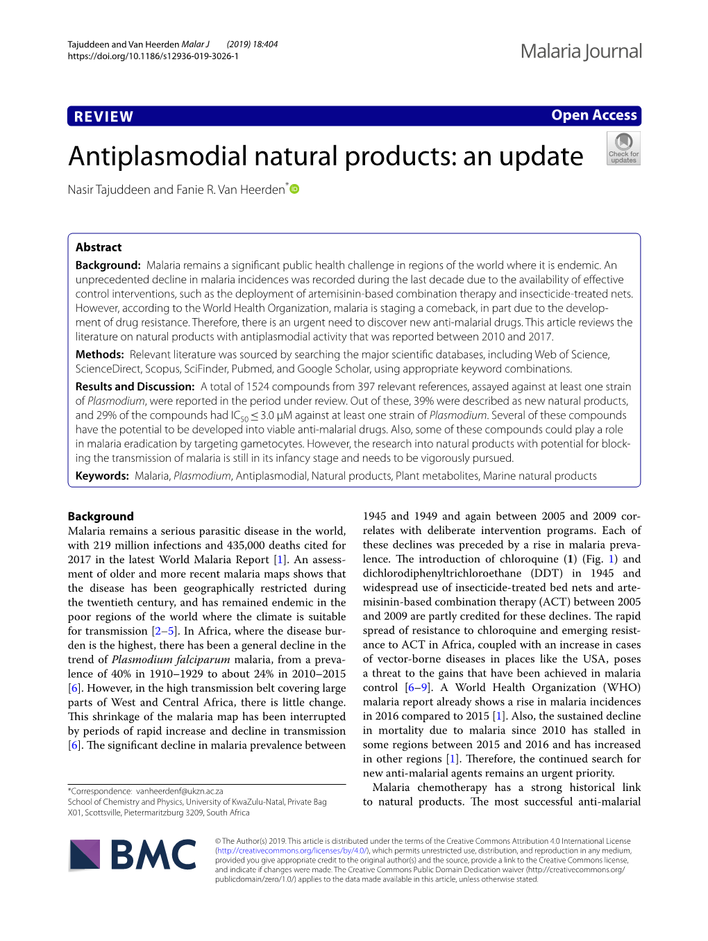 Antiplasmodial Natural Products: an Update Nasir Tajuddeen and Fanie R