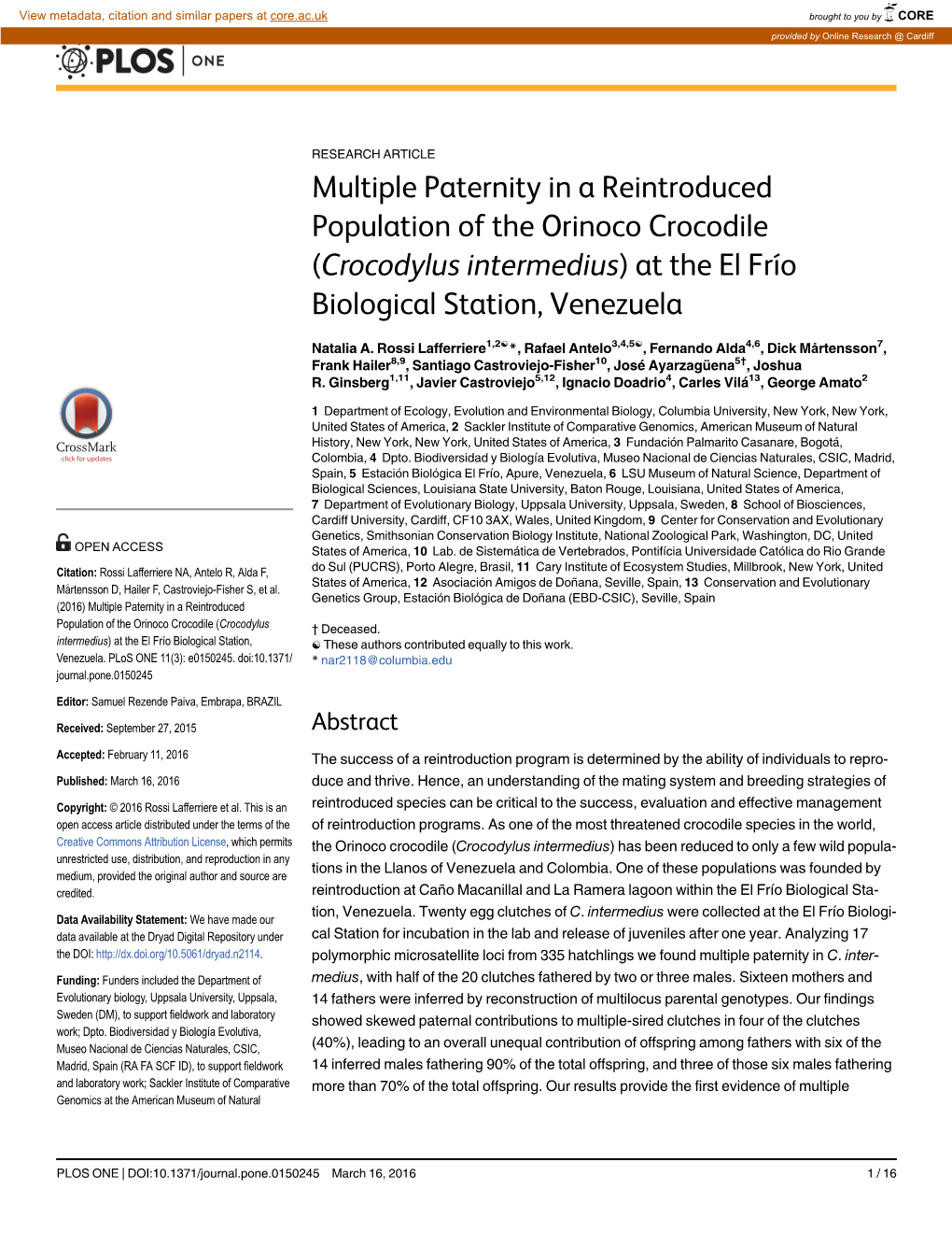 Multiple Paternity in a Reintroduced Population of the Orinoco Crocodile (Crocodylus Intermedius) at the El Frío Biological Station, Venezuela