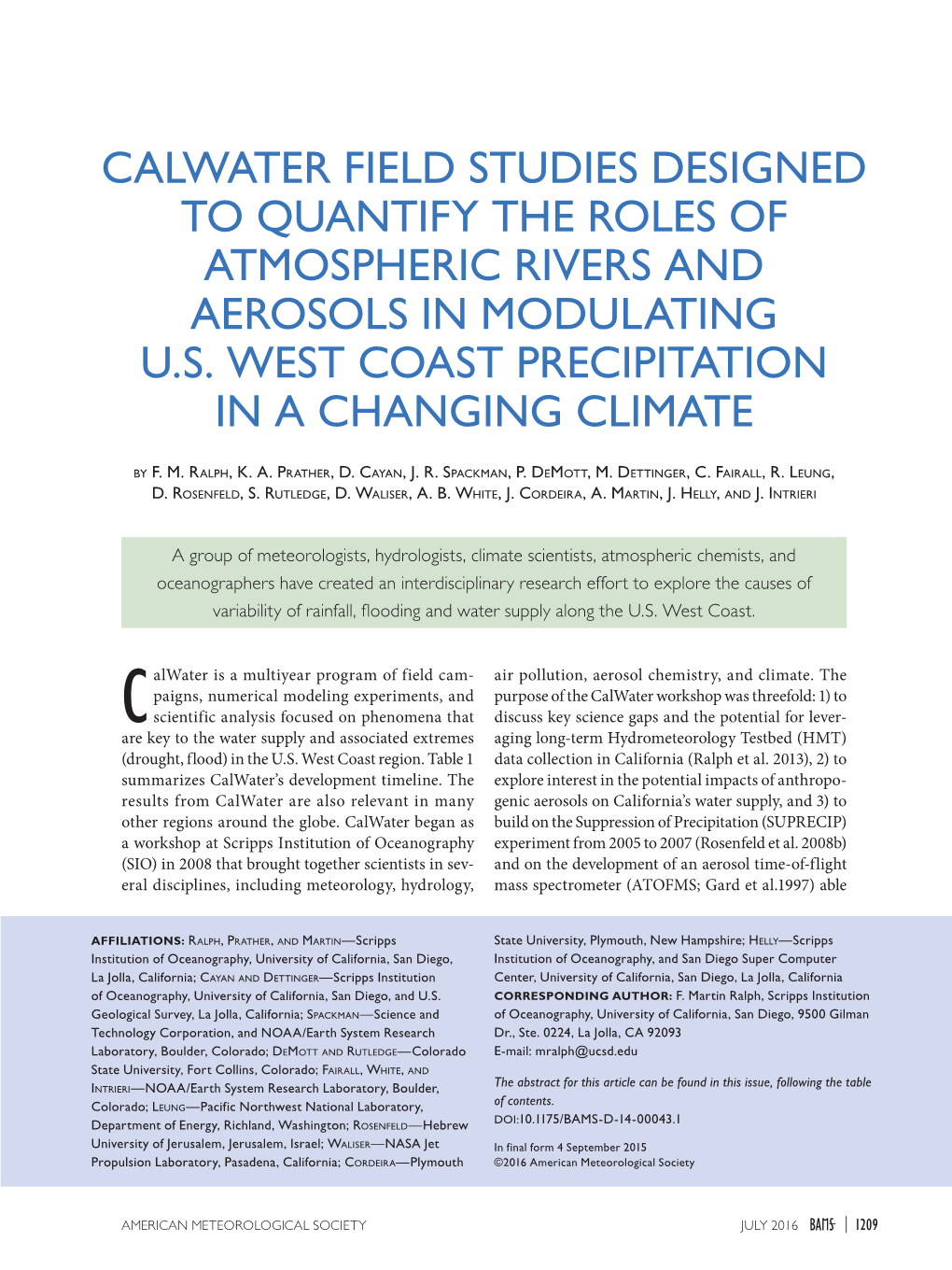 Calwater Field Studies Designed to Quantify the Roles of Atmospheric Rivers and Aerosols in Modulating U.S