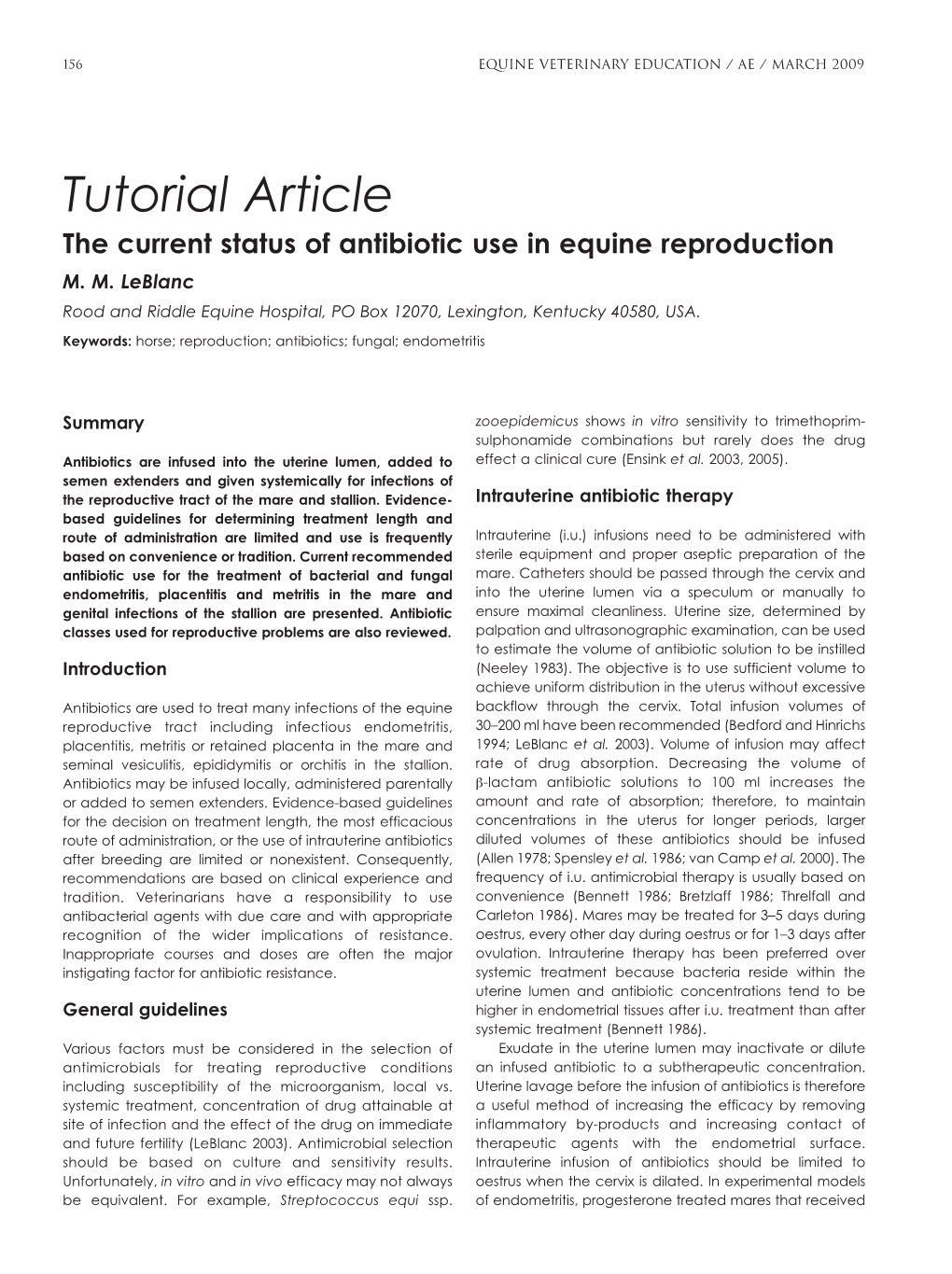 Tutorial Article the Current Status of Antibiotic Use in Equine Reproduction M