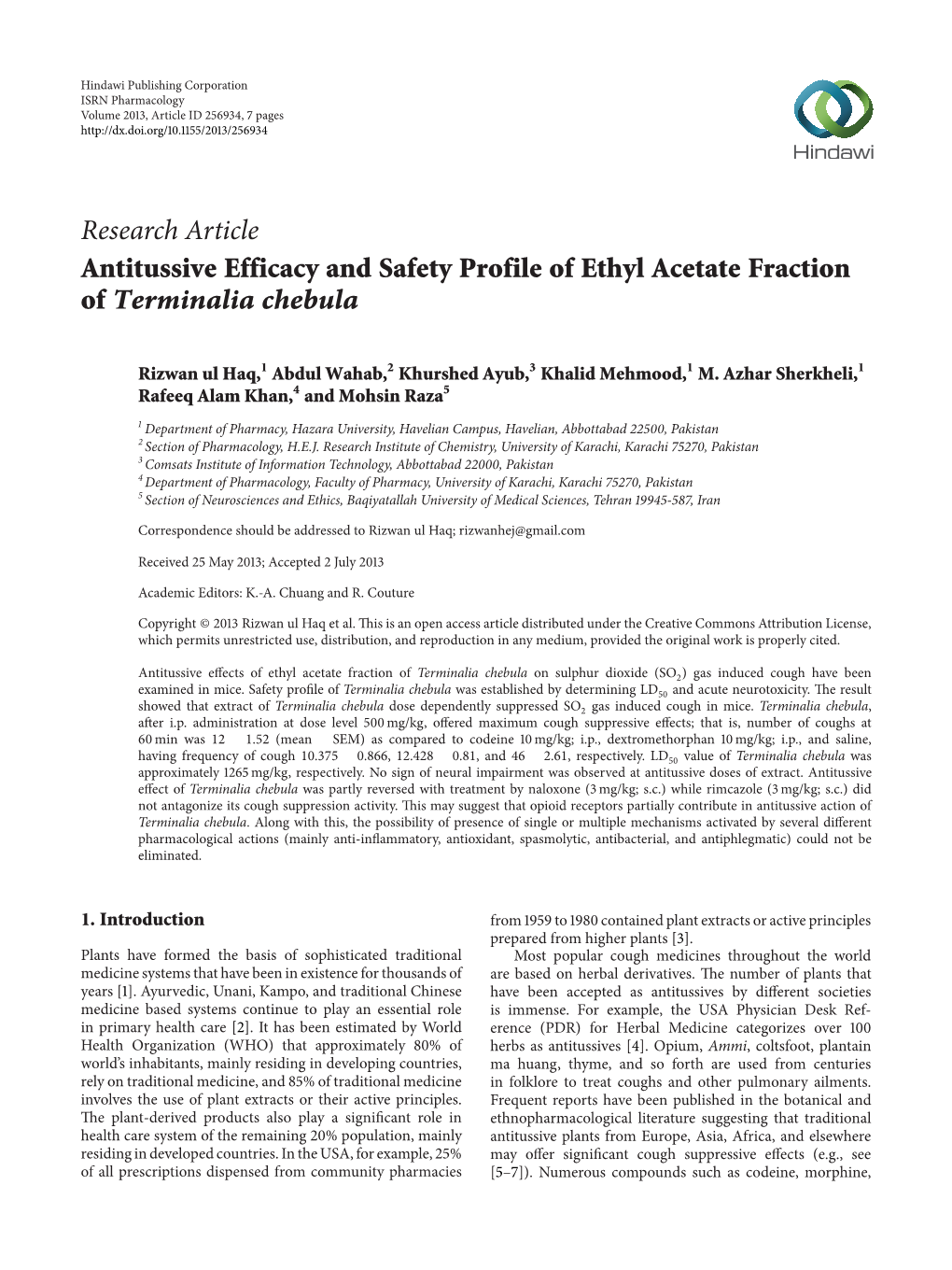 Antitussive Efficacy and Safety Profile of Ethyl Acetate Fraction of Terminalia Chebula