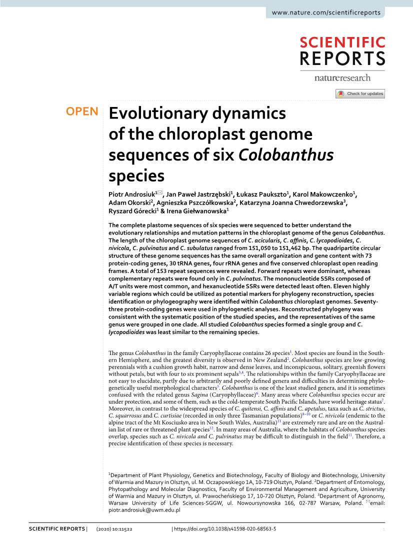 Evolutionary Dynamics of the Chloroplast Genome Sequences Of
