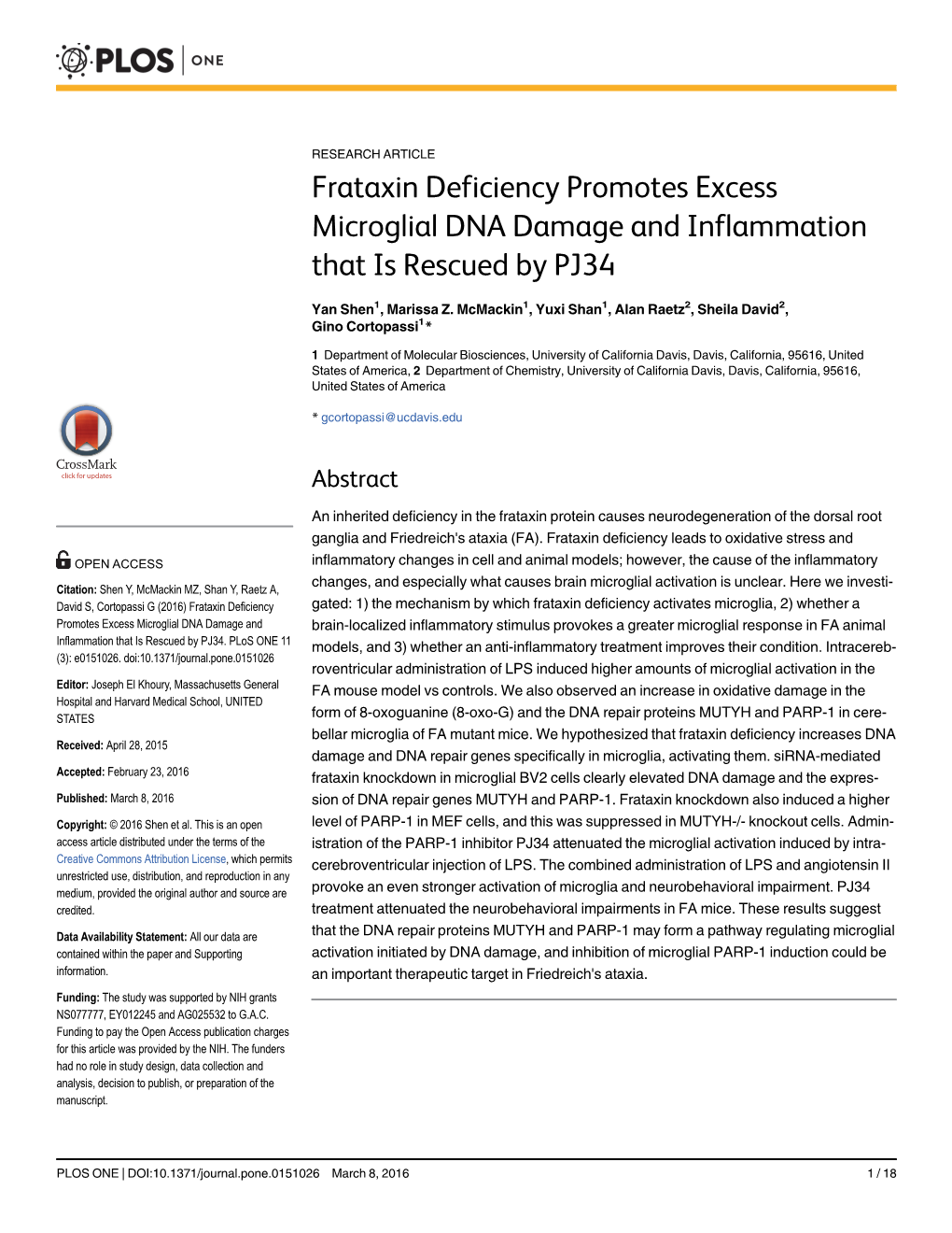 Frataxin Deficiency Promotes Excess Microglial DNA Damage and Inflammation That Is Rescued by PJ34