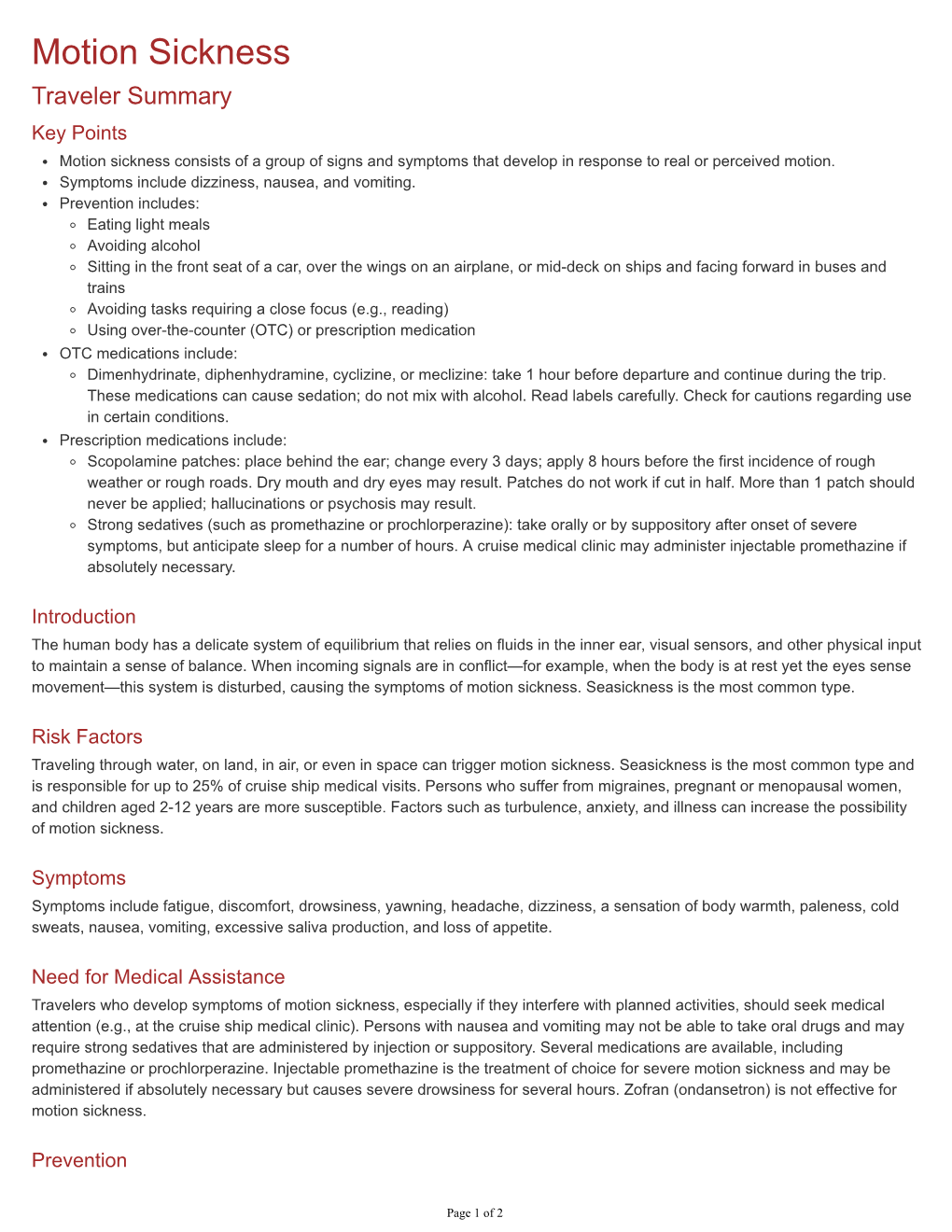 Motion Sickness Traveler Summary Key Points Motion Sickness Consists of a Group of Signs and Symptoms That Develop in Response to Real Or Perceived Motion