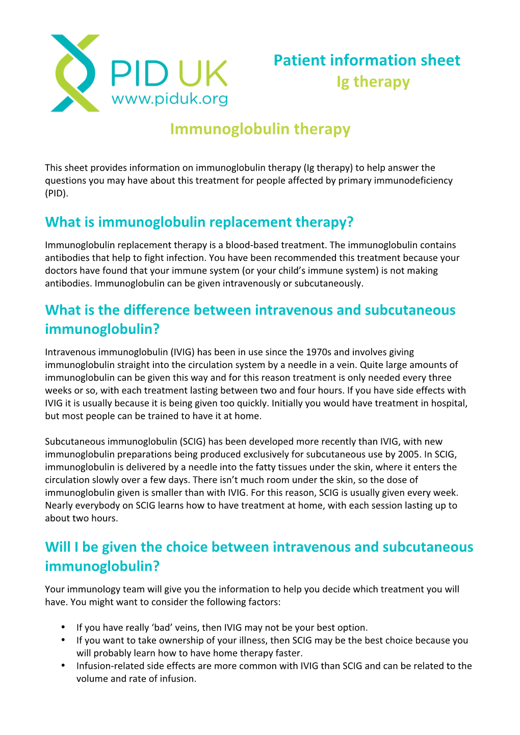 Patient Information Sheet Ig Therapy Immunoglobulin Therapy
