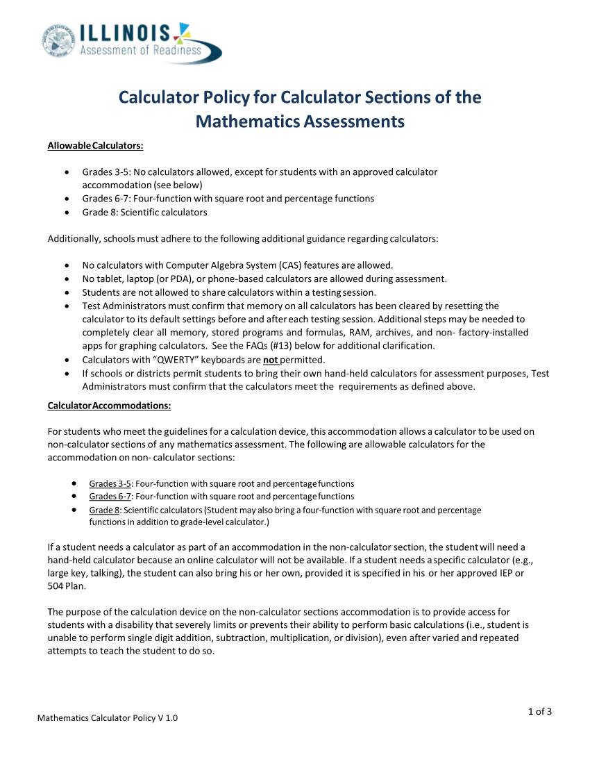 Calculator Policy for Calculator Sections of the Mathematics Assessments