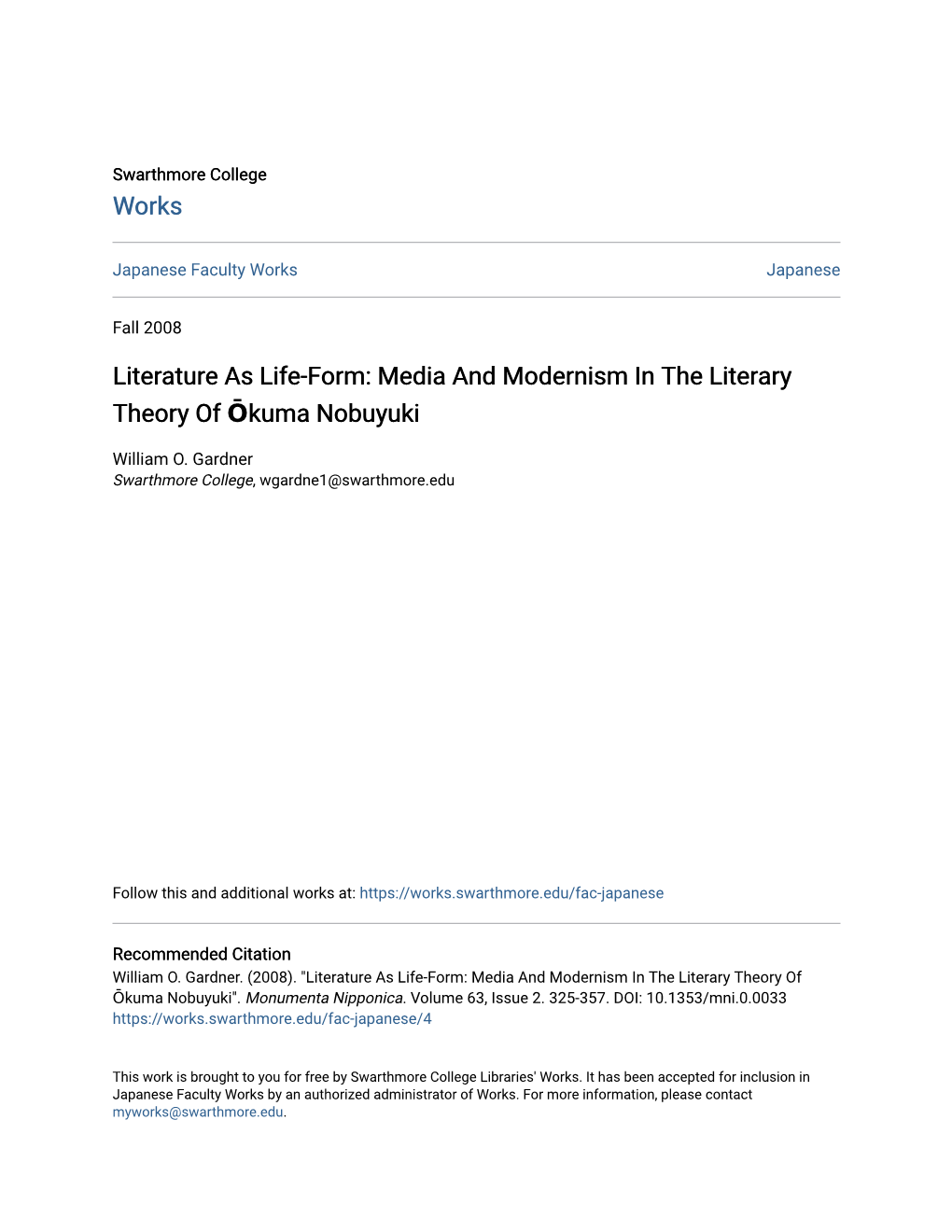 Literature As Life-Form: Media and Modernism in the Literary Theory of Ōkuma Nobuyuki