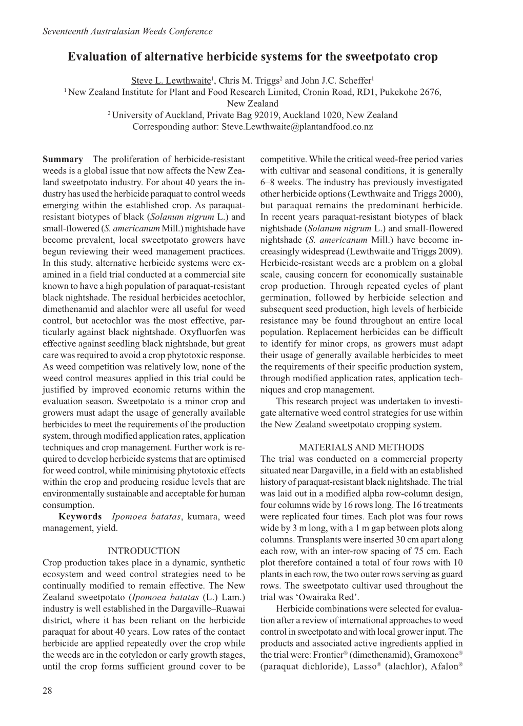 Evaluation of Alternative Herbicide Systems for the Sweetpotato Crop