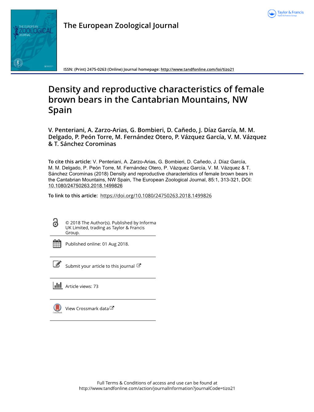 Density and Reproductive Characteristics of Female Brown Bears in the Cantabrian Mountains, NW Spain