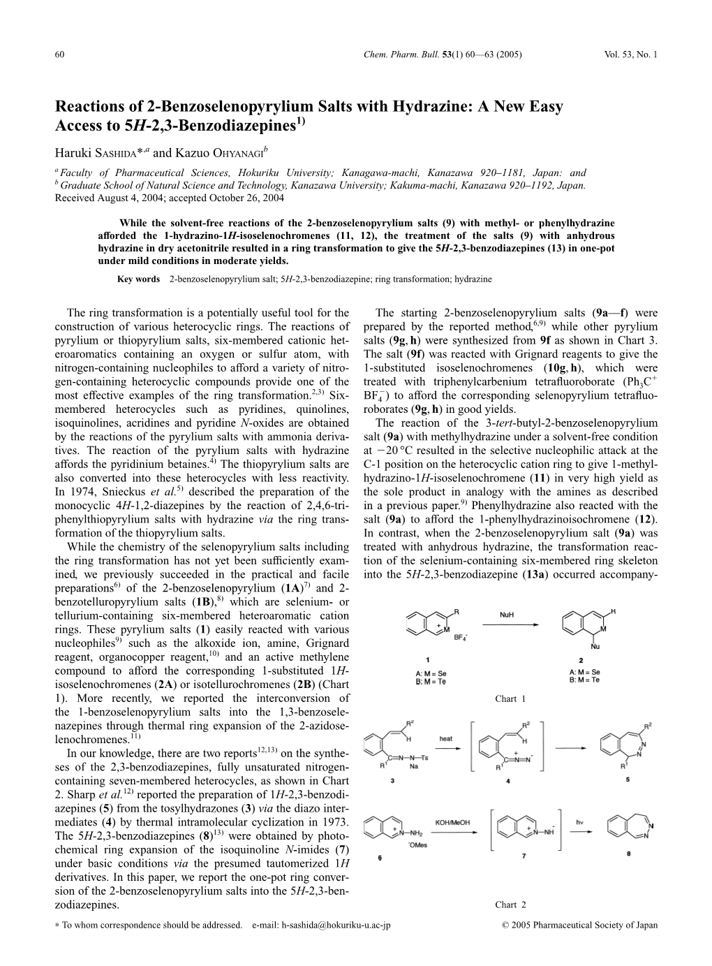 Reactions of 2-Benzoselenopyrylium Salts with Hydrazine: a New Easy Access to 5H-2,3-Benzodiazepines1)