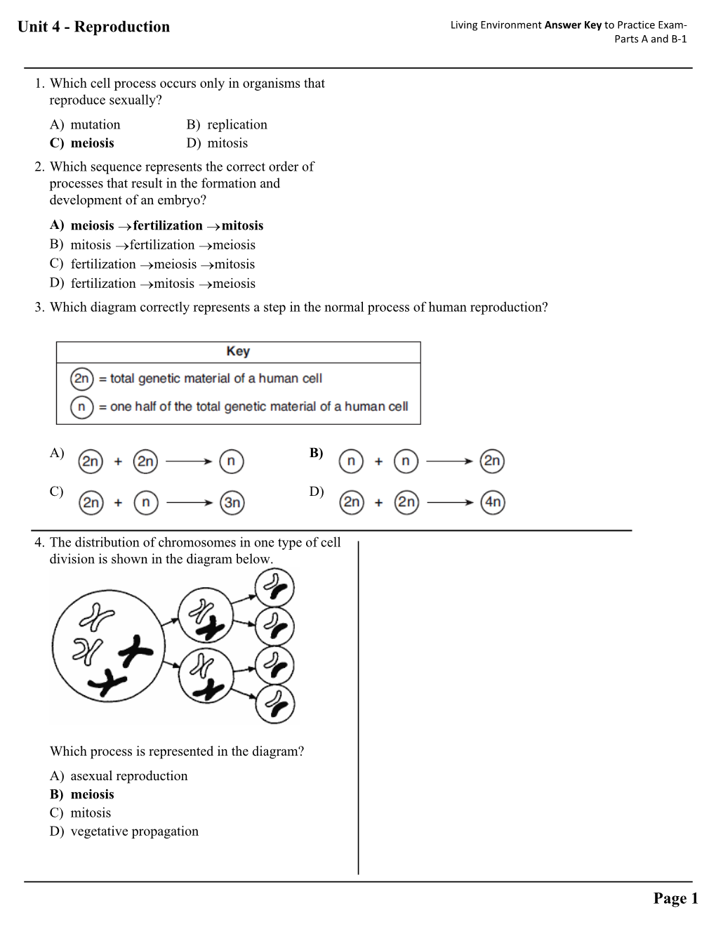 Unit 4 - Reproduction Living Environment Answer Key to Practice Exam