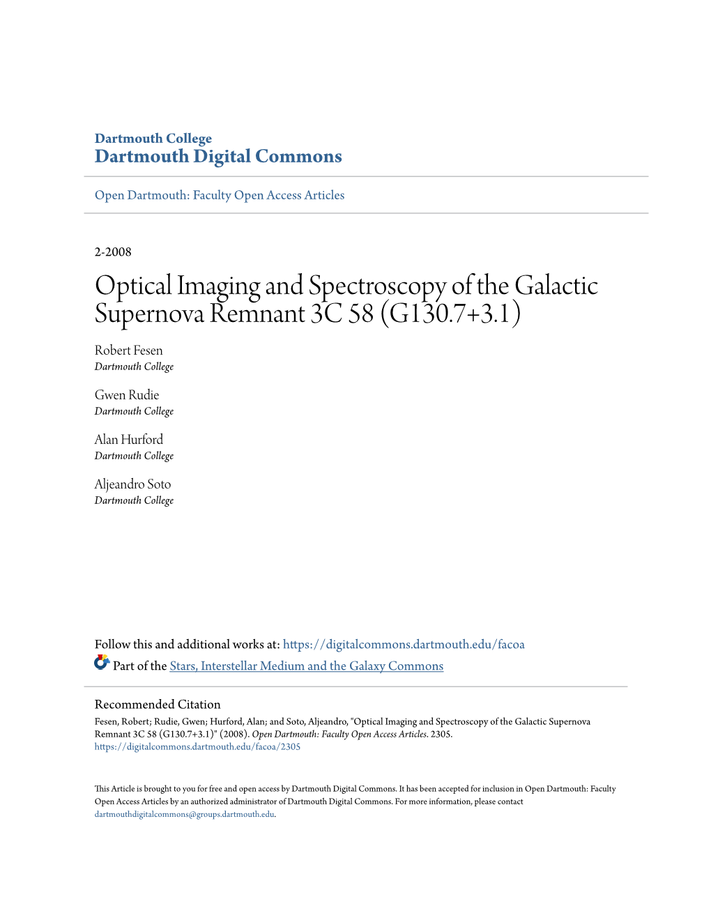 Optical Imaging and Spectroscopy of the Galactic Supernova Remnant 3C 58 (G130.7+3.1) Robert Fesen Dartmouth College